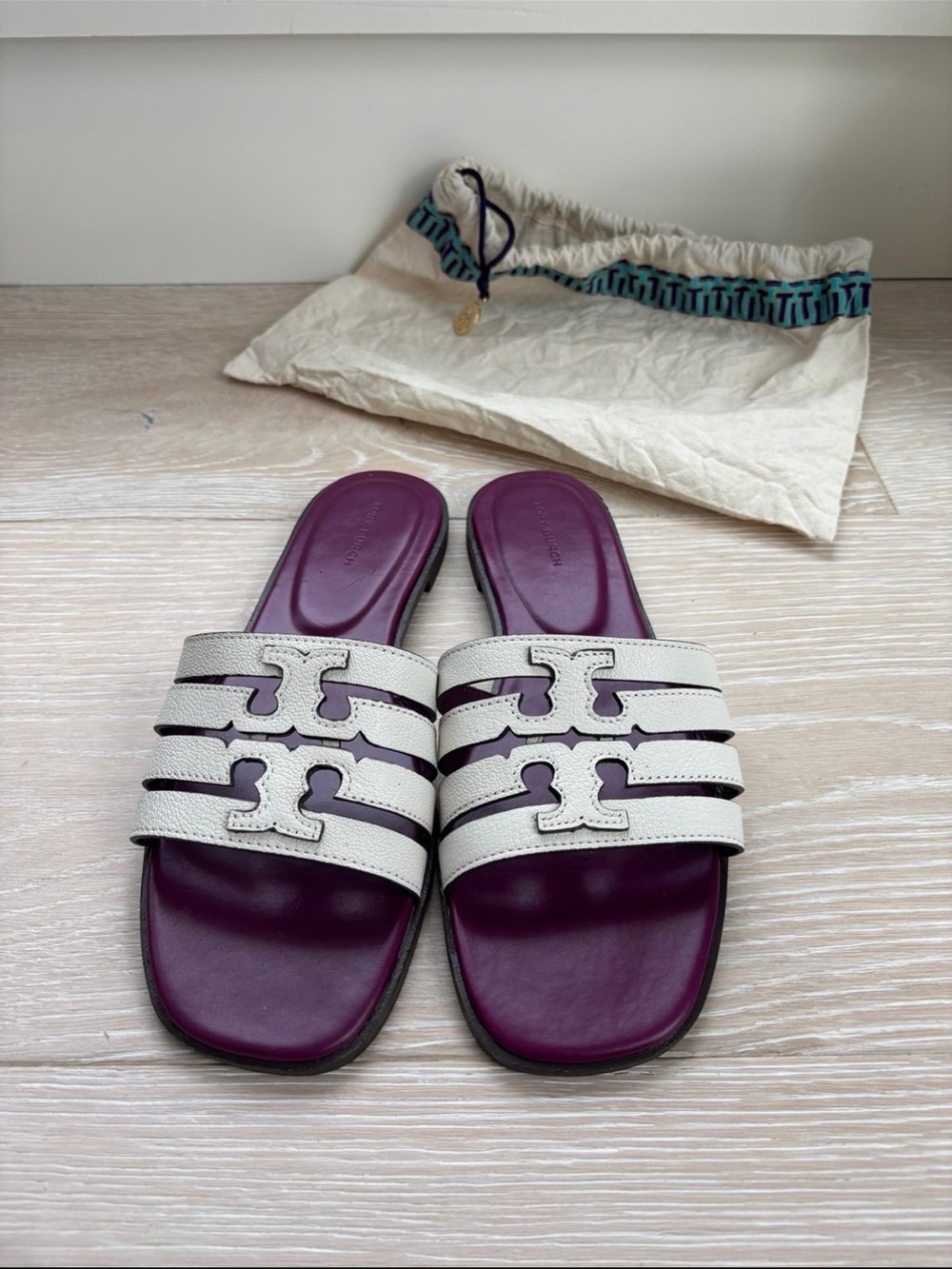 Tory Burch White Leather Triple-Stripe Logo Slide Sandals with Plum Insole